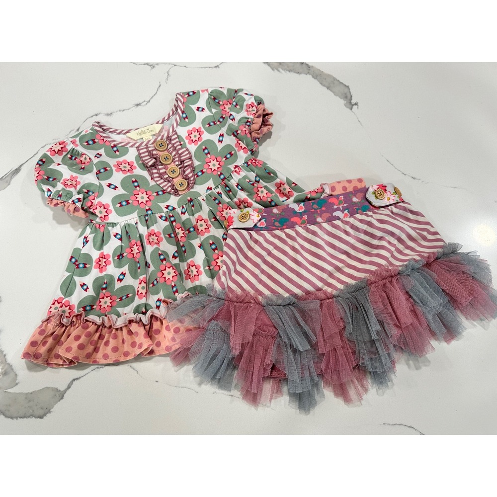 Matilda Jane Girls Size 2 Dress Floral Ruffle Pink Striped Tulle Skirt‎